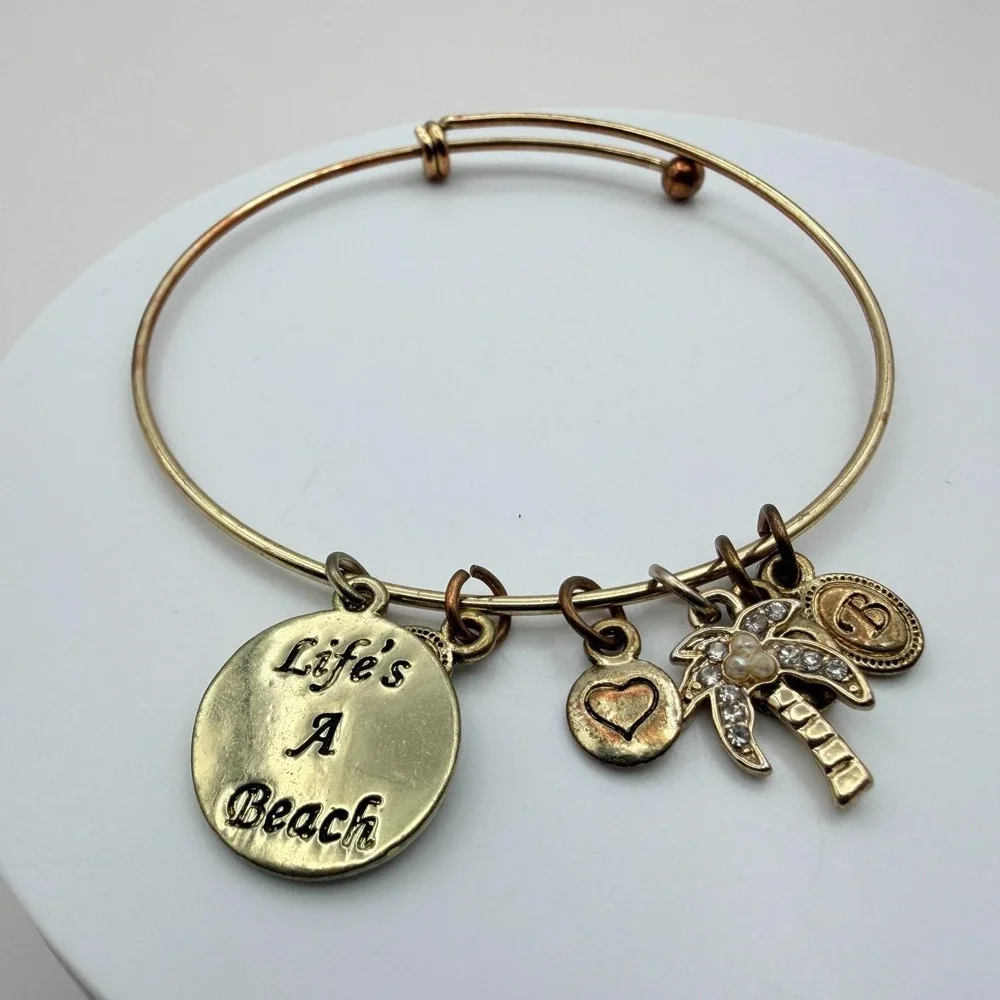 Vintage 90s Gold Tone Bangle Bracelet Palm Tree Heart Life's A Beach Charm Glass
